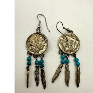 American Coin Treasures Buffalo Nickel Feather Earrings Replica 2"